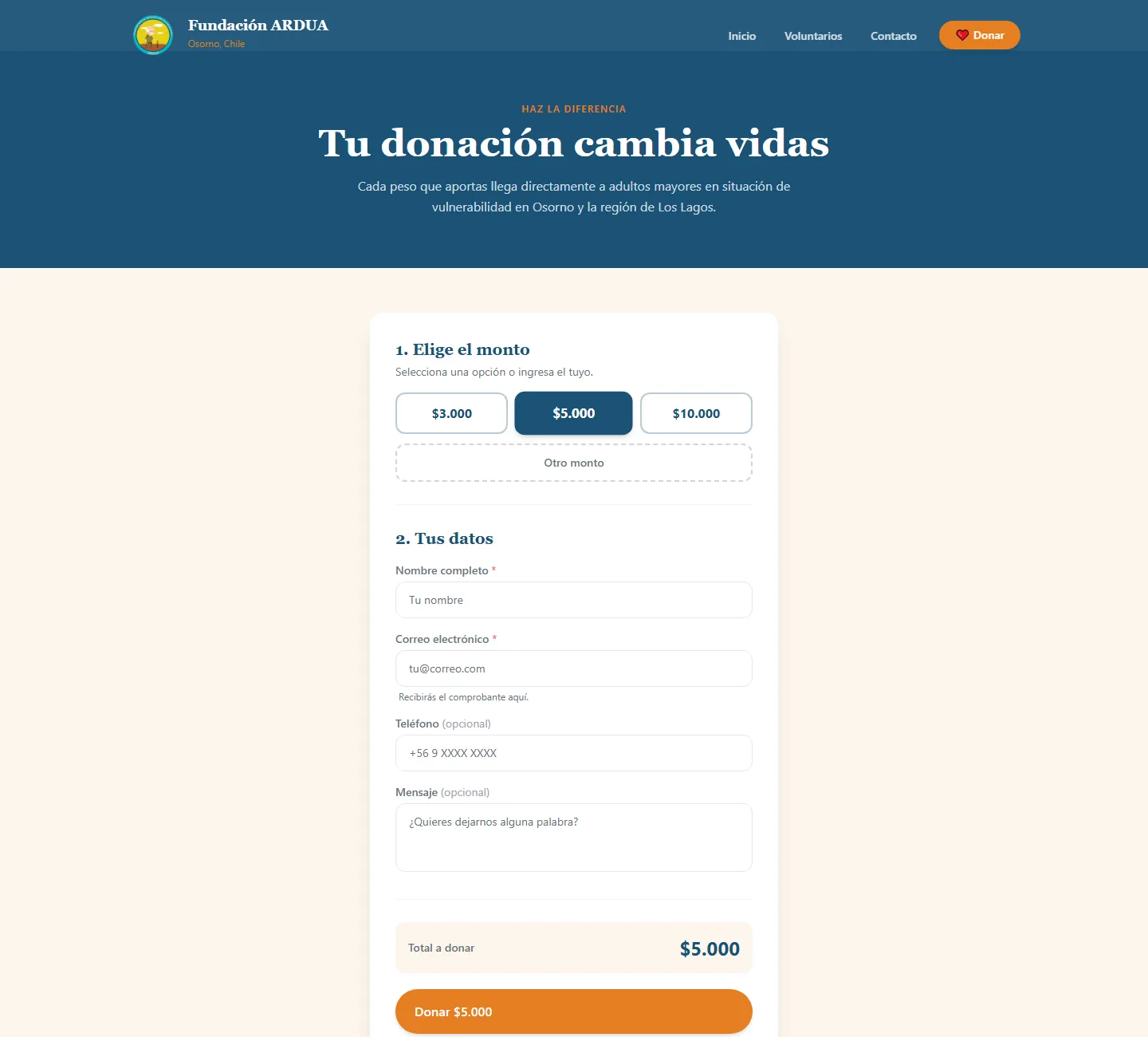 Formulario de donación con montos sugeridos, datos mínimos y total a donar