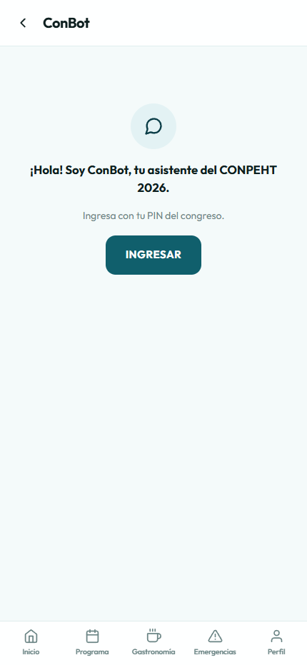 Pantalla del asistente ConBot de CONPEHT 2026