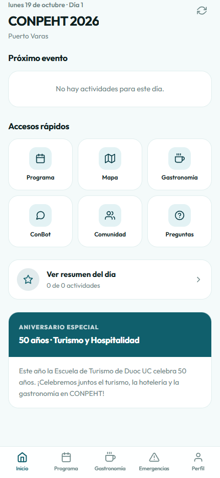 Inicio de CONPEHT 2026 con próximos eventos y accesos rápidos