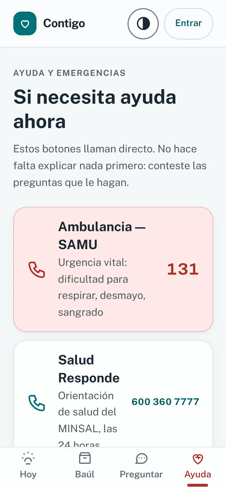 Pantalla de ayuda con botones para llamar a la ambulancia SAMU, 131, y a Salud Responde, 600 360 7777