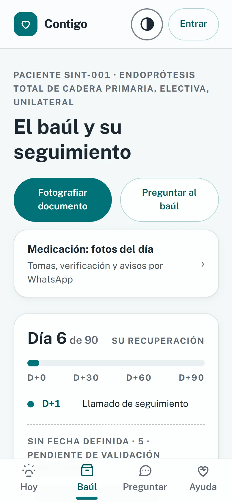 Baúl y seguimiento: accesos para fotografiar documentos y preguntar al baúl, medicación del día y la línea de recuperación del día 6 de 90