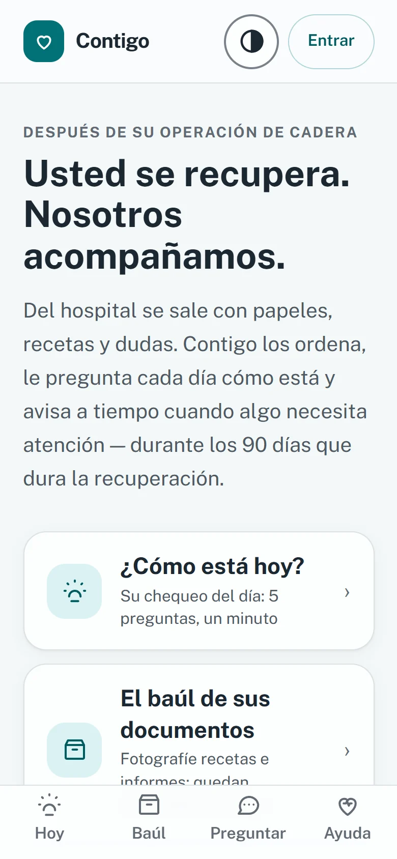 Pantalla de inicio de Contigo: “Usted se recupera. Nosotros acompañamos.”, con accesos al control diario y al baúl de documentos